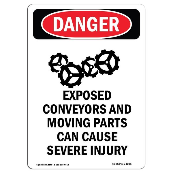 Signmission OSHA Danger Sign, Exposed Conveyors And, 5in X 3.5in Decal, 10PK, 3.5" W, 5" L, Portrait, PK10 OS-DS-D-35-V-1216-10PK